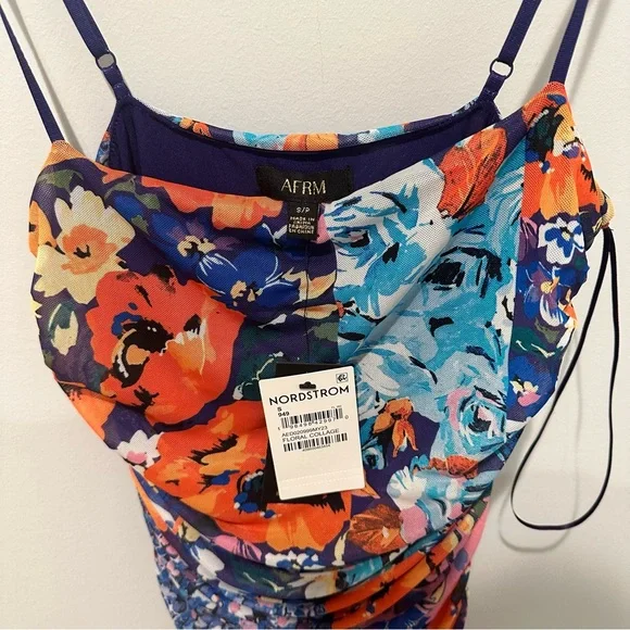 NWOT AFRM Floral Printed Ruched Mesh midi Dress - size Small - Picture 3 of 4